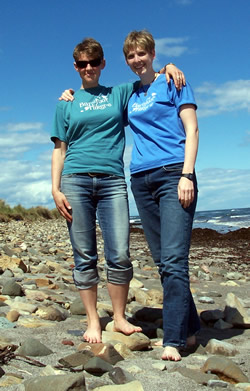 Isis and Jackrabbit in Scotland in new Barefoot Hikers shirts